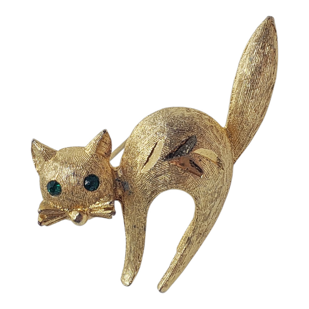 Vintage Mamselle Cat Brooch Pin Green Rhinestone Eyes 10 Gold Plated Signed